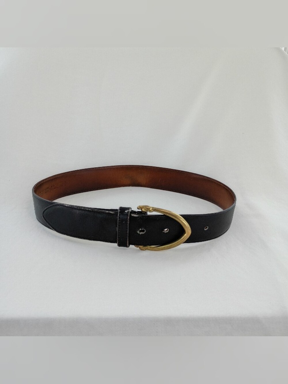 VTG COACH Belt Men's M Black French Calfskin Suede Lining Brass Buckle USA #3906